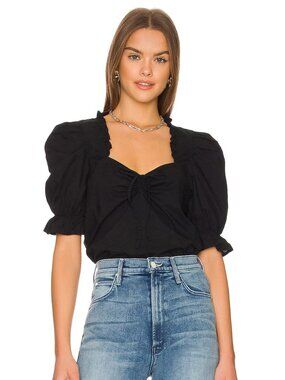NATION LTD Bernadette Black 100% Pima Cotton Poplin Puff Sleeve Blouse, Size S